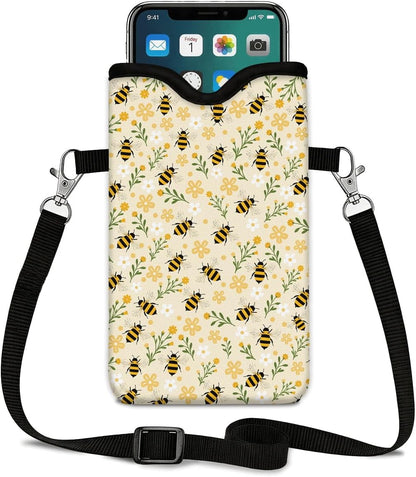 Neoprene Phone Sleeve Pouch Case Bag for Women Men with Crossbody Strap, 7.1x3.9 in, Shockproof Black Cat Mobile Protection Case Bag with Neck Lanyard, Black Cat Garden, Gift for Cats Lovers - Colors C