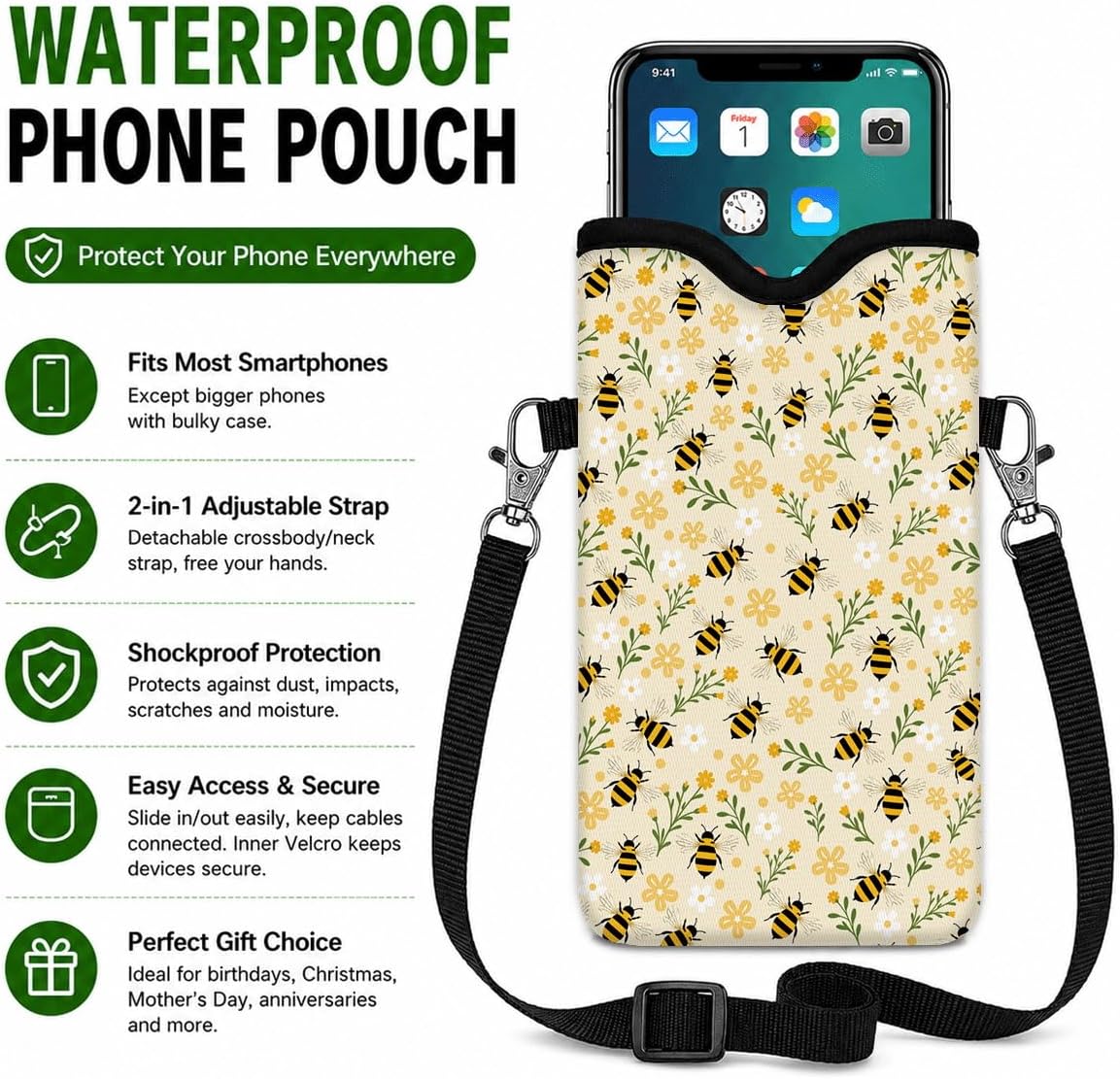 Neoprene Phone Sleeve Pouch Case Bag for Women Men with Crossbody Strap, 7.1x3.9 in, Shockproof Black Cat Mobile Protection Case Bag with Neck Lanyard, Black Cat Garden, Gift for Cats Lovers - Colors C