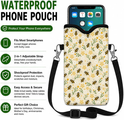 Neoprene Phone Sleeve Pouch Case Bag for Women Men with Crossbody Strap, 7.1x3.9 in, Shockproof Black Cat Mobile Protection Case Bag with Neck Lanyard, Black Cat Garden, Gift for Cats Lovers - Colors C