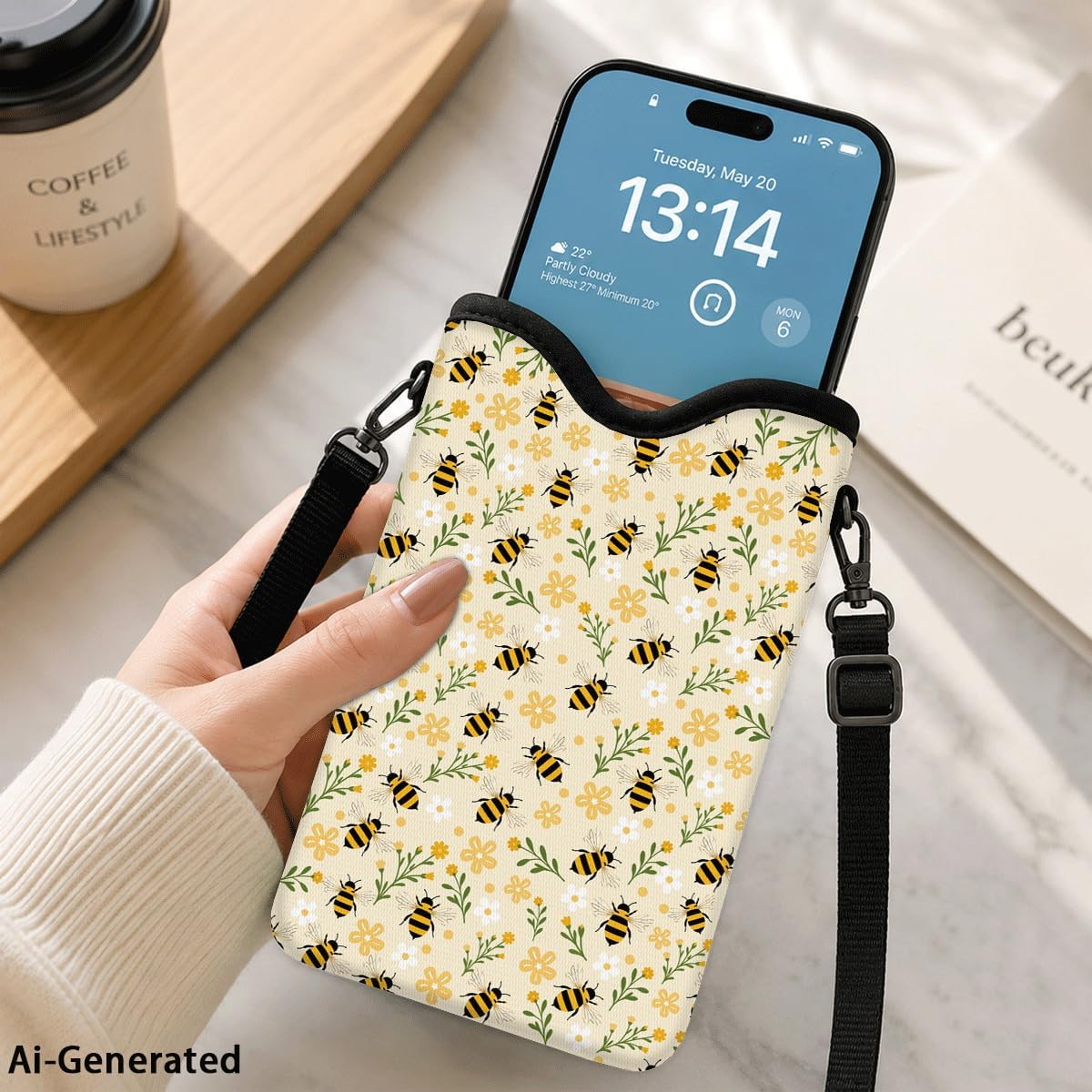 Neoprene Phone Sleeve Pouch Case Bag for Women Men with Crossbody Strap, 7.1x3.9 in, Shockproof Black Cat Mobile Protection Case Bag with Neck Lanyard, Black Cat Garden, Gift for Cats Lovers - Colors C
