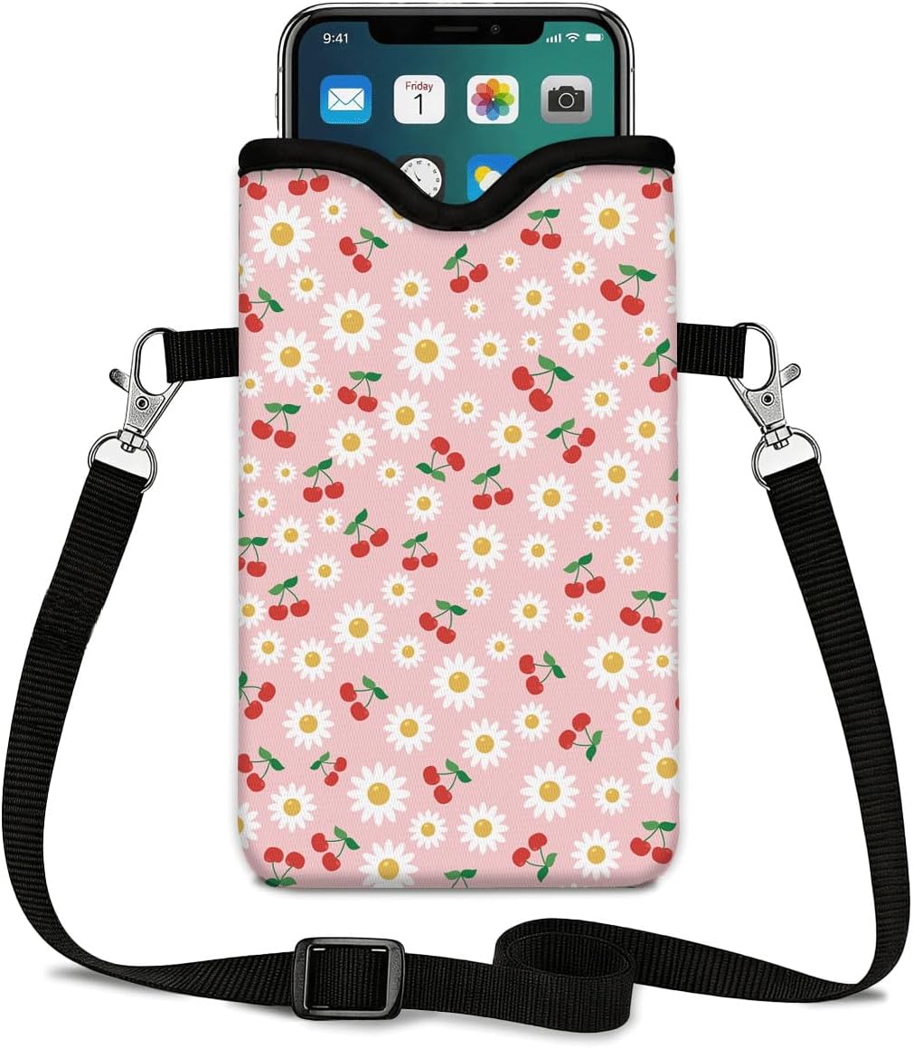 Neoprene Phone Sleeve Pouch Case Bag for Women Men with Crossbody Strap, 7.1x3.9 in, Shockproof Black Cat Mobile Protection Case Bag with Neck Lanyard, Black Cat Garden, Gift for Cats Lovers - Colors C