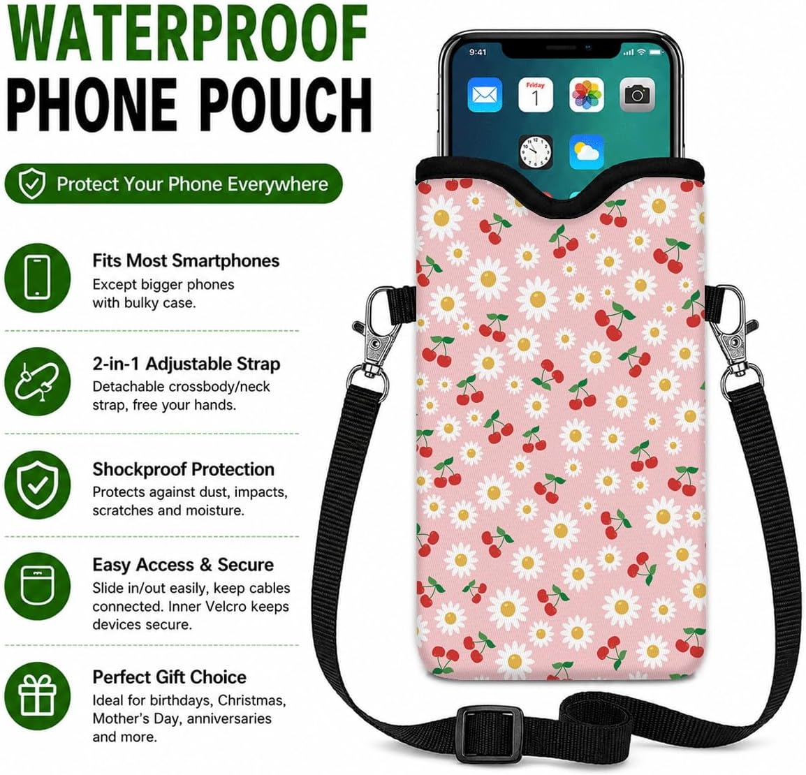 Neoprene Phone Sleeve Pouch Case Bag for Women Men with Crossbody Strap, 7.1x3.9 in, Shockproof Black Cat Mobile Protection Case Bag with Neck Lanyard, Black Cat Garden, Gift for Cats Lovers - Colors C