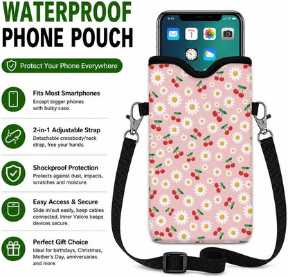 Neoprene Phone Sleeve Pouch Case Bag for Women Men with Crossbody Strap, 7.1x3.9 in, Shockproof Black Cat Mobile Protection Case Bag with Neck Lanyard, Black Cat Garden, Gift for Cats Lovers - Colors C