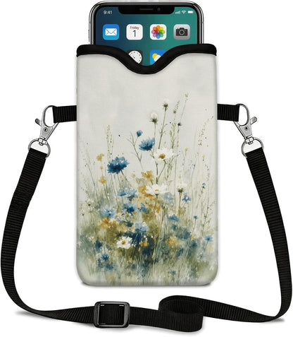 Neoprene Phone Sleeve Pouch Case Bag for Women Men with Crossbody Strap, 7.1x3.9 in, Shockproof Black Cat Mobile Protection Case Bag with Neck Lanyard, Black Cat Garden, Gift for Cats Lovers - Colors C