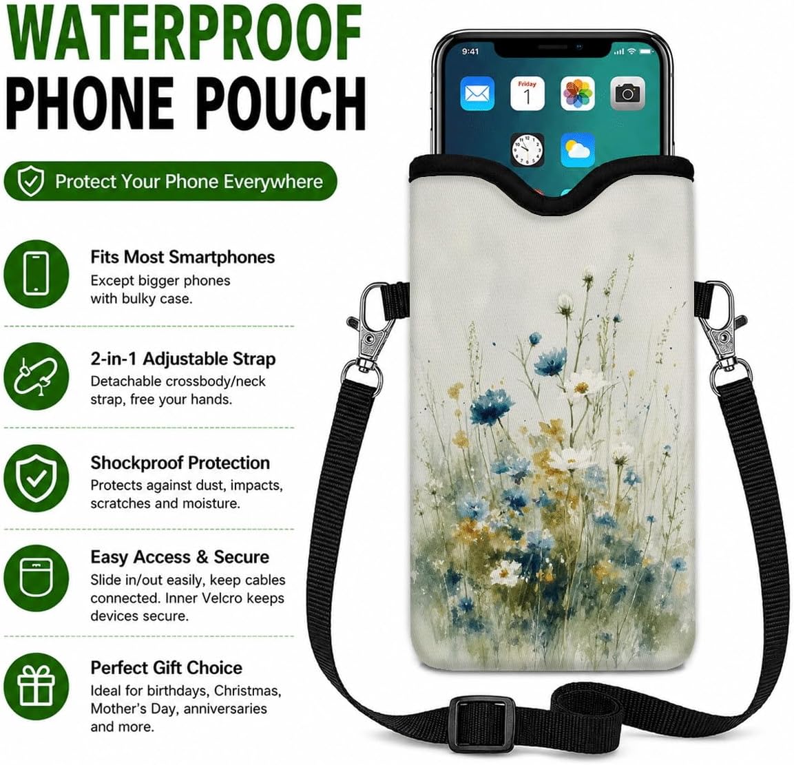 Neoprene Phone Sleeve Pouch Case Bag for Women Men with Crossbody Strap, 7.1x3.9 in, Shockproof Black Cat Mobile Protection Case Bag with Neck Lanyard, Black Cat Garden, Gift for Cats Lovers - Colors C