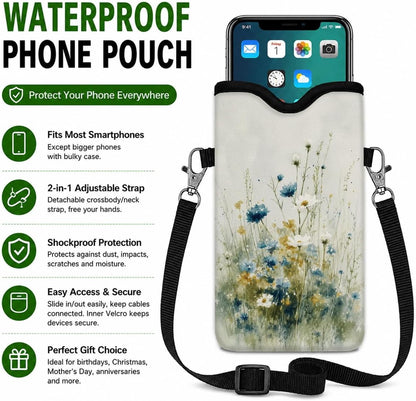 Neoprene Phone Sleeve Pouch Case Bag for Women Men with Crossbody Strap, 7.1x3.9 in, Shockproof Black Cat Mobile Protection Case Bag with Neck Lanyard, Black Cat Garden, Gift for Cats Lovers - Colors C