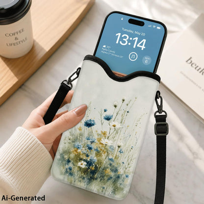 Neoprene Phone Sleeve Pouch Case Bag for Women Men with Crossbody Strap, 7.1x3.9 in, Shockproof Black Cat Mobile Protection Case Bag with Neck Lanyard, Black Cat Garden, Gift for Cats Lovers - Colors C