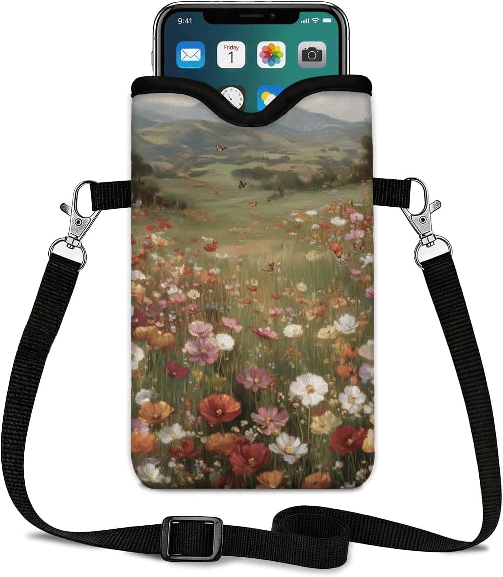 Neoprene Phone Sleeve Pouch Case Bag for Women Men with Crossbody Strap, 7.1x3.9 in, Shockproof Black Cat Mobile Protection Case Bag with Neck Lanyard, Black Cat Garden, Gift for Cats Lovers - Colors C
