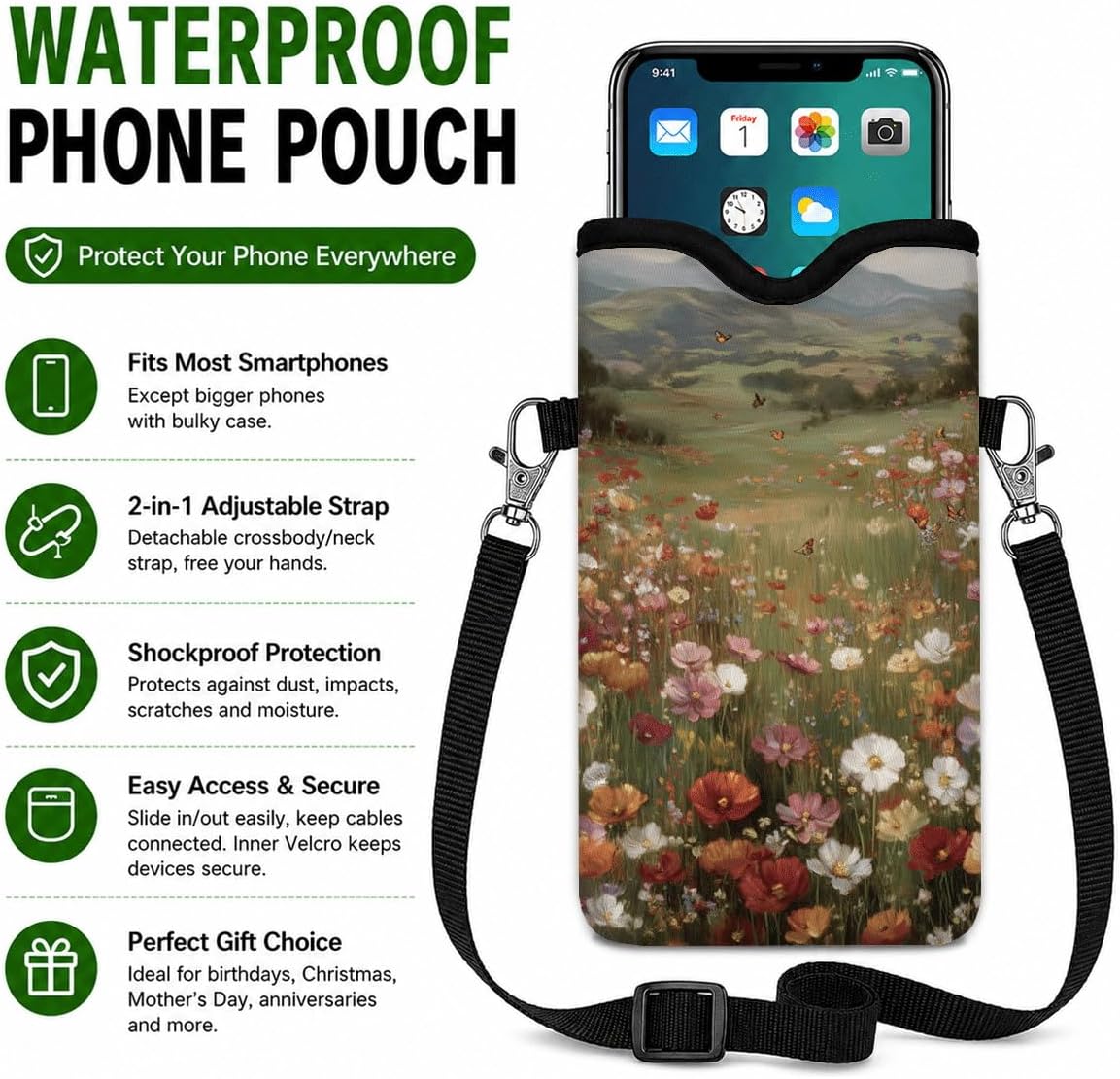 Neoprene Phone Sleeve Pouch Case Bag for Women Men with Crossbody Strap, 7.1x3.9 in, Shockproof Black Cat Mobile Protection Case Bag with Neck Lanyard, Black Cat Garden, Gift for Cats Lovers - Colors C