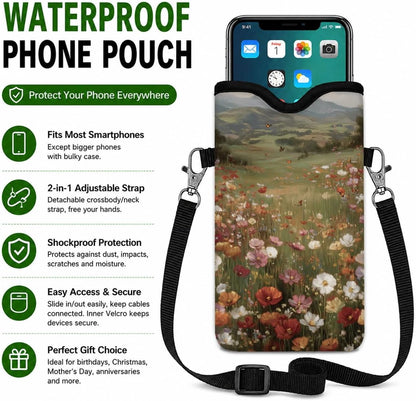 Neoprene Phone Sleeve Pouch Case Bag for Women Men with Crossbody Strap, 7.1x3.9 in, Shockproof Black Cat Mobile Protection Case Bag with Neck Lanyard, Black Cat Garden, Gift for Cats Lovers - Colors C