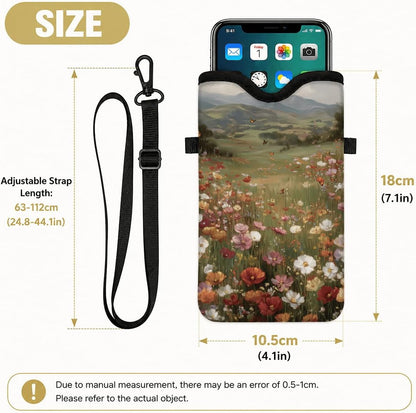 Neoprene Phone Sleeve Pouch Case Bag for Women Men with Crossbody Strap, 7.1x3.9 in, Shockproof Black Cat Mobile Protection Case Bag with Neck Lanyard, Black Cat Garden, Gift for Cats Lovers - Colors C