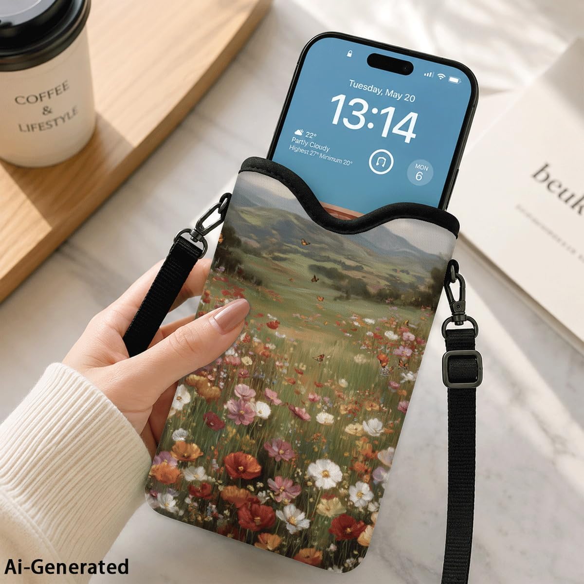 Neoprene Phone Sleeve Pouch Case Bag for Women Men with Crossbody Strap, 7.1x3.9 in, Shockproof Black Cat Mobile Protection Case Bag with Neck Lanyard, Black Cat Garden, Gift for Cats Lovers - Colors C