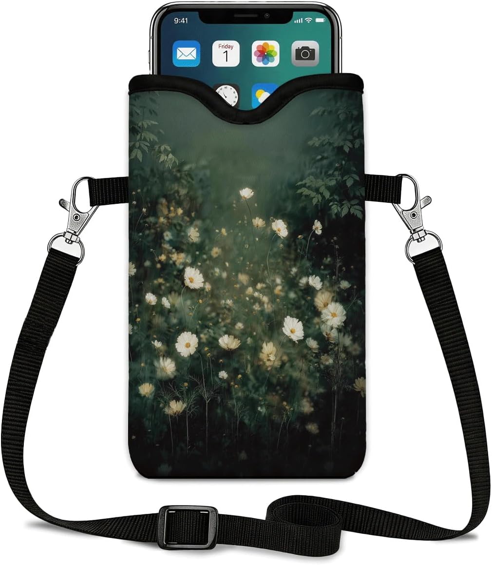 Neoprene Phone Sleeve Pouch Case Bag for Women Men with Crossbody Strap, 7.1x3.9 in, Shockproof Black Cat Mobile Protection Case Bag with Neck Lanyard, Black Cat Garden, Gift for Cats Lovers - Colors C