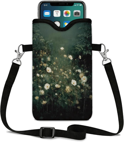 Neoprene Phone Sleeve Pouch Case Bag for Women Men with Crossbody Strap, 7.1x3.9 in, Shockproof Black Cat Mobile Protection Case Bag with Neck Lanyard, Black Cat Garden, Gift for Cats Lovers - Colors C