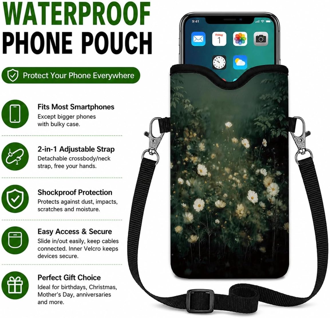 Neoprene Phone Sleeve Pouch Case Bag for Women Men with Crossbody Strap, 7.1x3.9 in, Shockproof Black Cat Mobile Protection Case Bag with Neck Lanyard, Black Cat Garden, Gift for Cats Lovers - Colors C