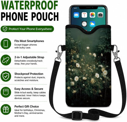 Neoprene Phone Sleeve Pouch Case Bag for Women Men with Crossbody Strap, 7.1x3.9 in, Shockproof Black Cat Mobile Protection Case Bag with Neck Lanyard, Black Cat Garden, Gift for Cats Lovers - Colors C
