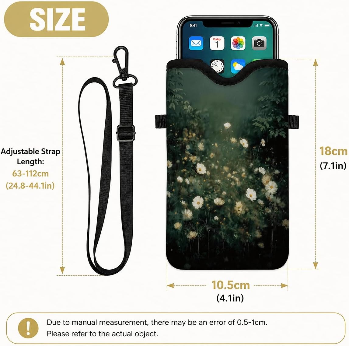 Neoprene Phone Sleeve Pouch Case Bag for Women Men with Crossbody Strap, 7.1x3.9 in, Shockproof Black Cat Mobile Protection Case Bag with Neck Lanyard, Black Cat Garden, Gift for Cats Lovers - Colors C