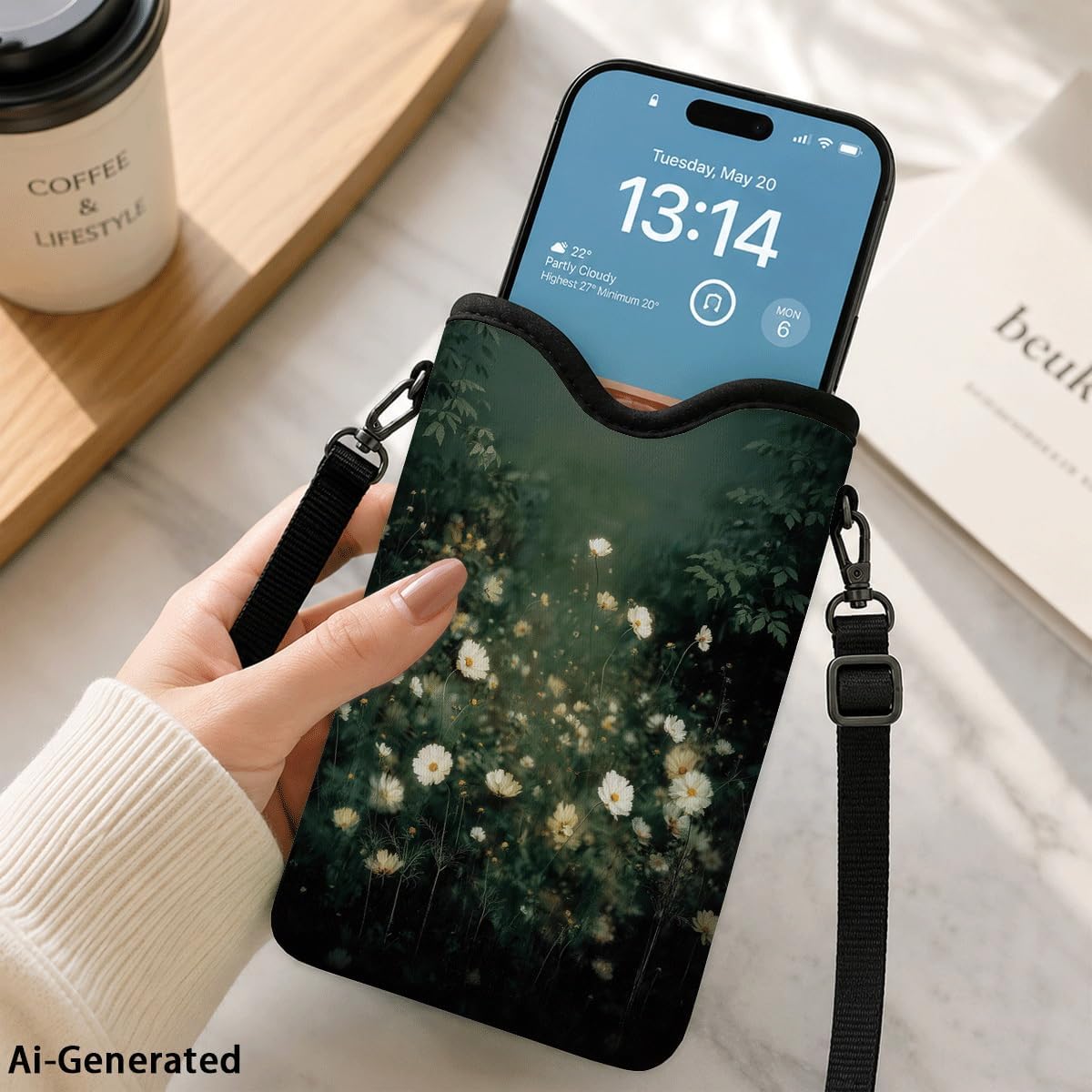 Neoprene Phone Sleeve Pouch Case Bag for Women Men with Crossbody Strap, 7.1x3.9 in, Shockproof Black Cat Mobile Protection Case Bag with Neck Lanyard, Black Cat Garden, Gift for Cats Lovers - Colors C