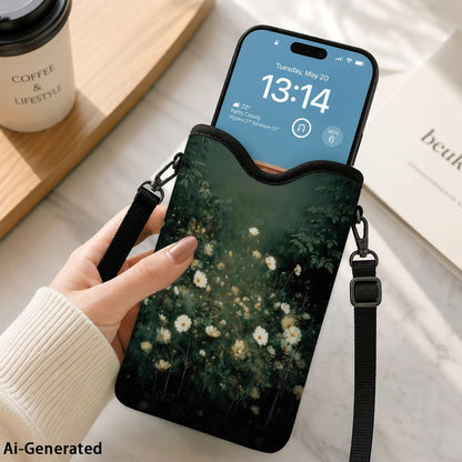 Neoprene Phone Sleeve Pouch Case Bag for Women Men with Crossbody Strap, 7.1x3.9 in, Shockproof Black Cat Mobile Protection Case Bag with Neck Lanyard, Black Cat Garden, Gift for Cats Lovers - Colors C