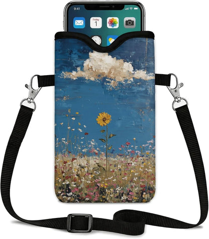 Neoprene Phone Sleeve Pouch Case Bag for Women Men with Crossbody Strap, 7.1x3.9 in, Shockproof Black Cat Mobile Protection Case Bag with Neck Lanyard, Black Cat Garden, Gift for Cats Lovers - Colors C