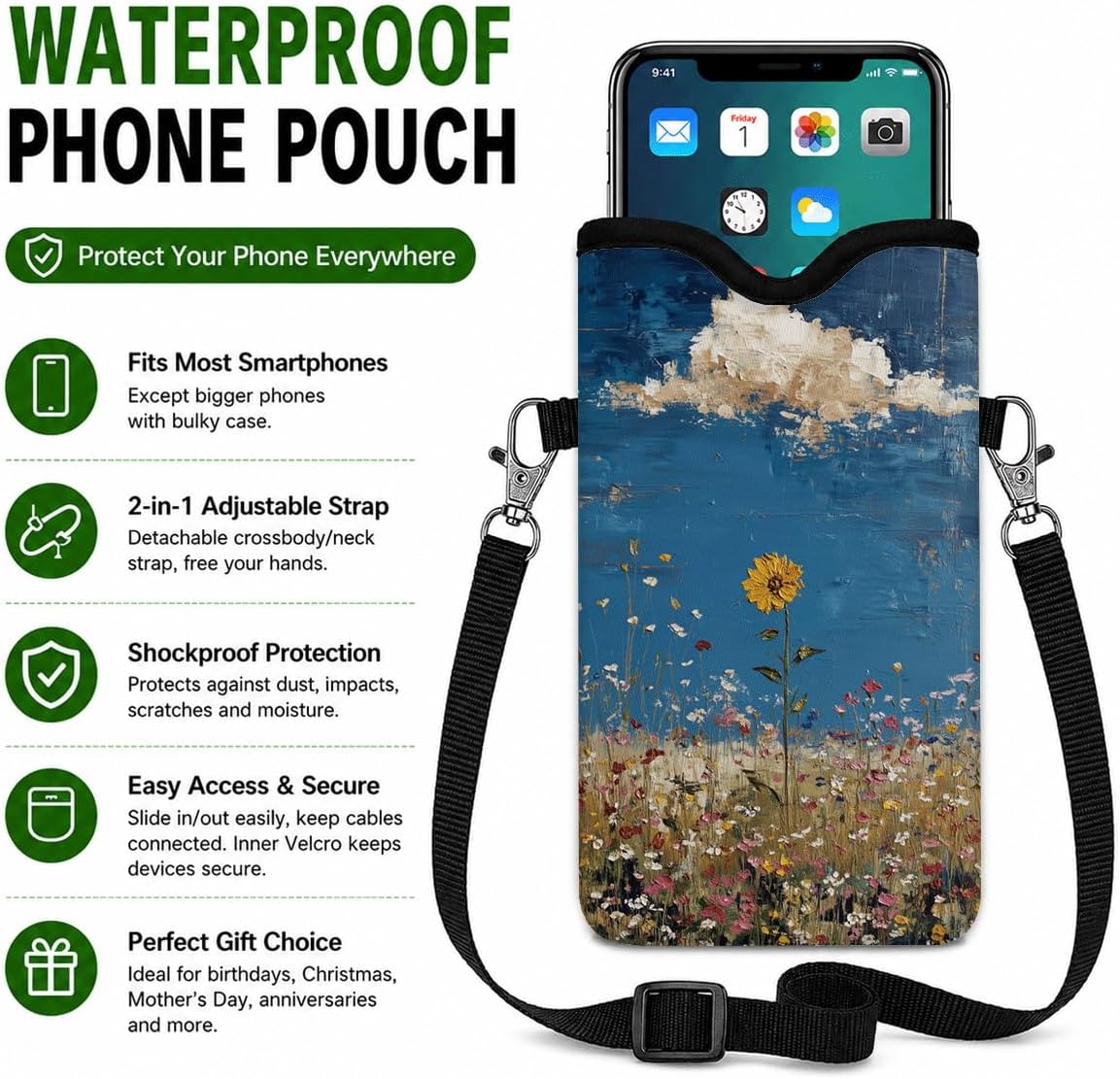 Neoprene Phone Sleeve Pouch Case Bag for Women Men with Crossbody Strap, 7.1x3.9 in, Shockproof Black Cat Mobile Protection Case Bag with Neck Lanyard, Black Cat Garden, Gift for Cats Lovers - Colors C