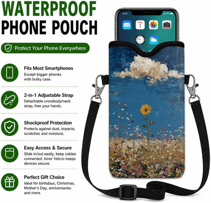 Neoprene Phone Sleeve Pouch Case Bag for Women Men with Crossbody Strap, 7.1x3.9 in, Shockproof Black Cat Mobile Protection Case Bag with Neck Lanyard, Black Cat Garden, Gift for Cats Lovers - Colors C