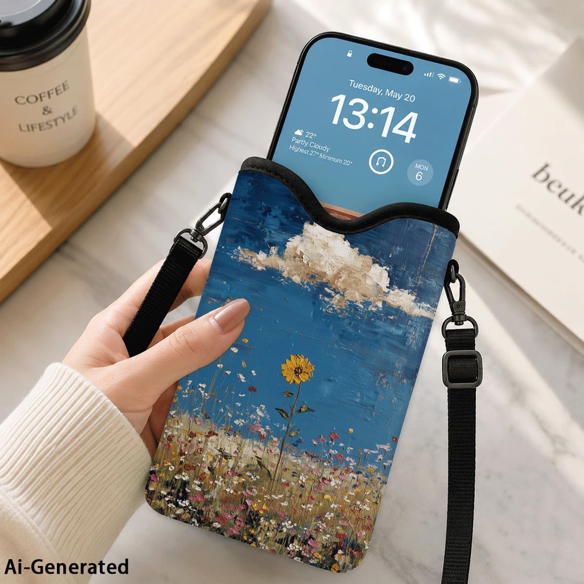 Neoprene Phone Sleeve Pouch Case Bag for Women Men with Crossbody Strap, 7.1x3.9 in, Shockproof Black Cat Mobile Protection Case Bag with Neck Lanyard, Black Cat Garden, Gift for Cats Lovers - Colors C