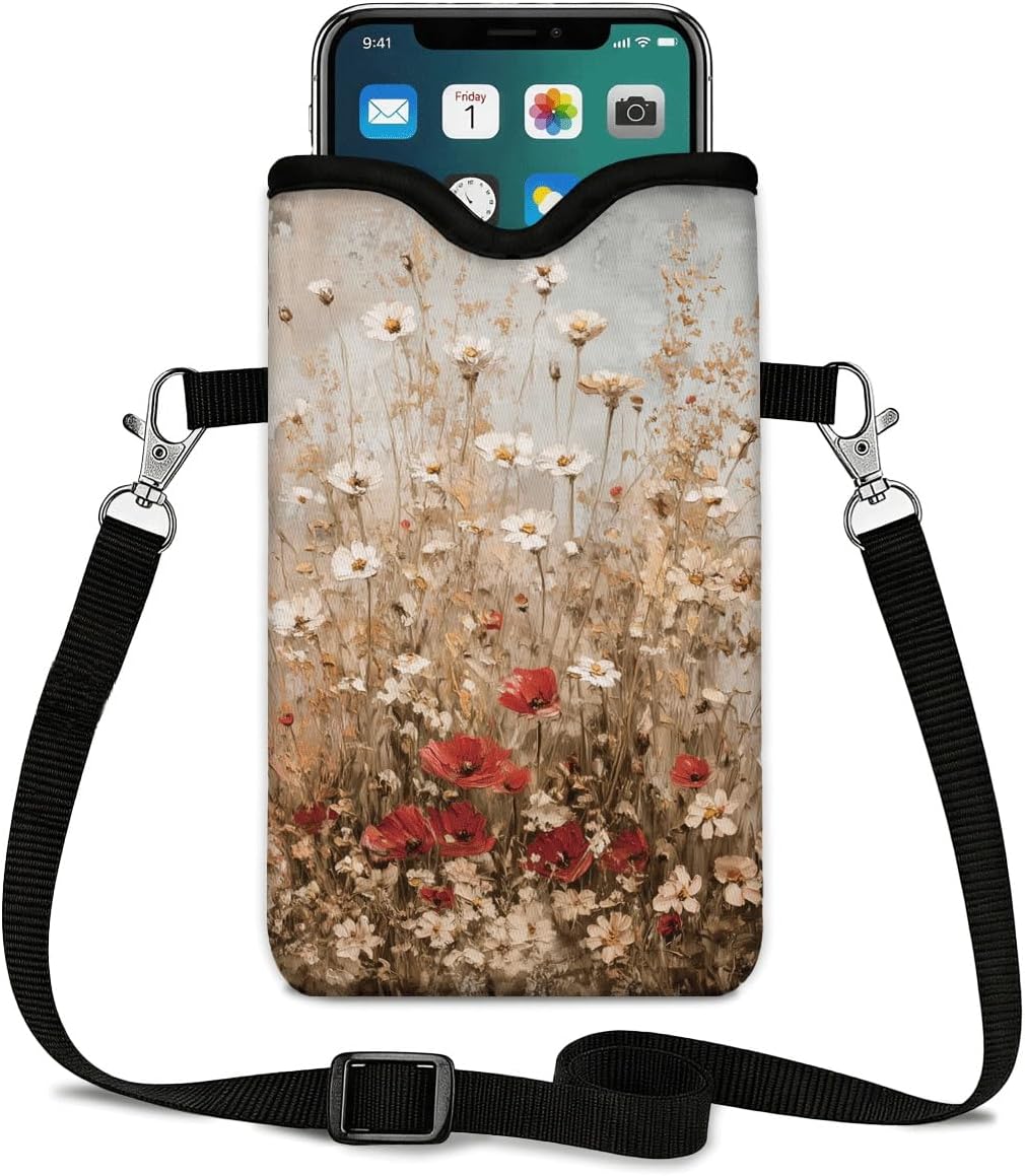 Neoprene Phone Sleeve Pouch Case Bag for Women Men with Crossbody Strap, 7.1x3.9 in, Shockproof Black Cat Mobile Protection Case Bag with Neck Lanyard, Black Cat Garden, Gift for Cats Lovers - Colors C
