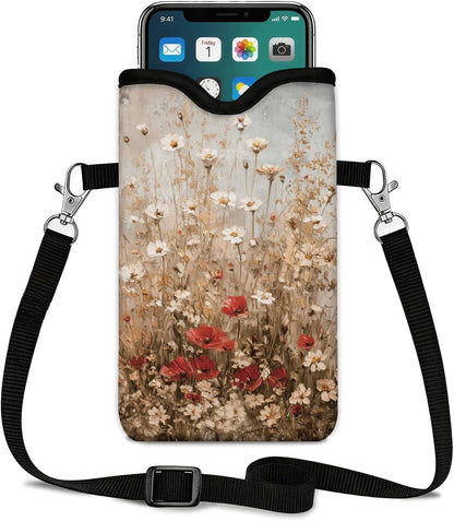 Neoprene Phone Sleeve Pouch Case Bag for Women Men with Crossbody Strap, 7.1x3.9 in, Shockproof Black Cat Mobile Protection Case Bag with Neck Lanyard, Black Cat Garden, Gift for Cats Lovers - Colors C