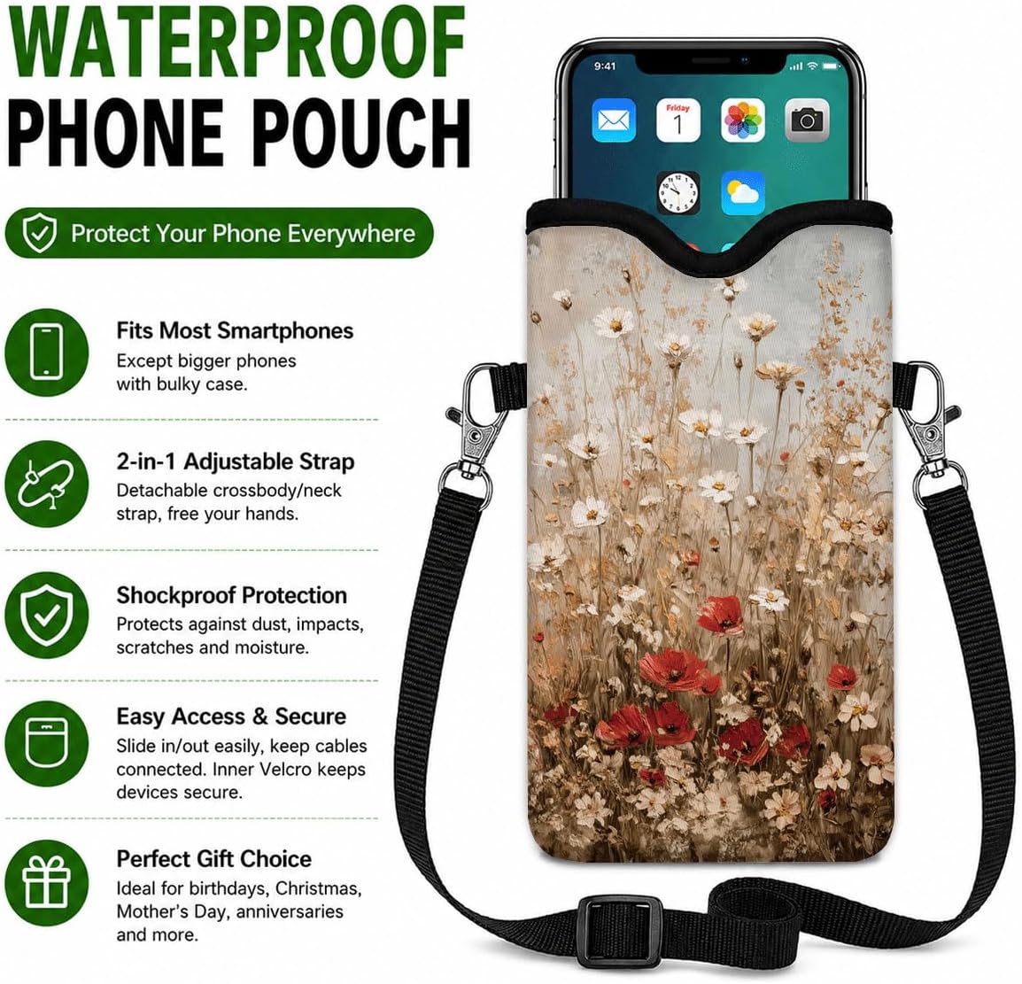 Neoprene Phone Sleeve Pouch Case Bag for Women Men with Crossbody Strap, 7.1x3.9 in, Shockproof Black Cat Mobile Protection Case Bag with Neck Lanyard, Black Cat Garden, Gift for Cats Lovers - Colors C