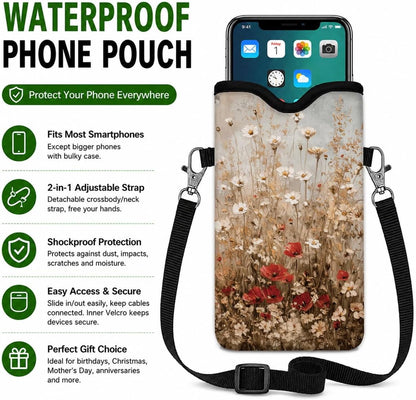 Neoprene Phone Sleeve Pouch Case Bag for Women Men with Crossbody Strap, 7.1x3.9 in, Shockproof Black Cat Mobile Protection Case Bag with Neck Lanyard, Black Cat Garden, Gift for Cats Lovers - Colors C