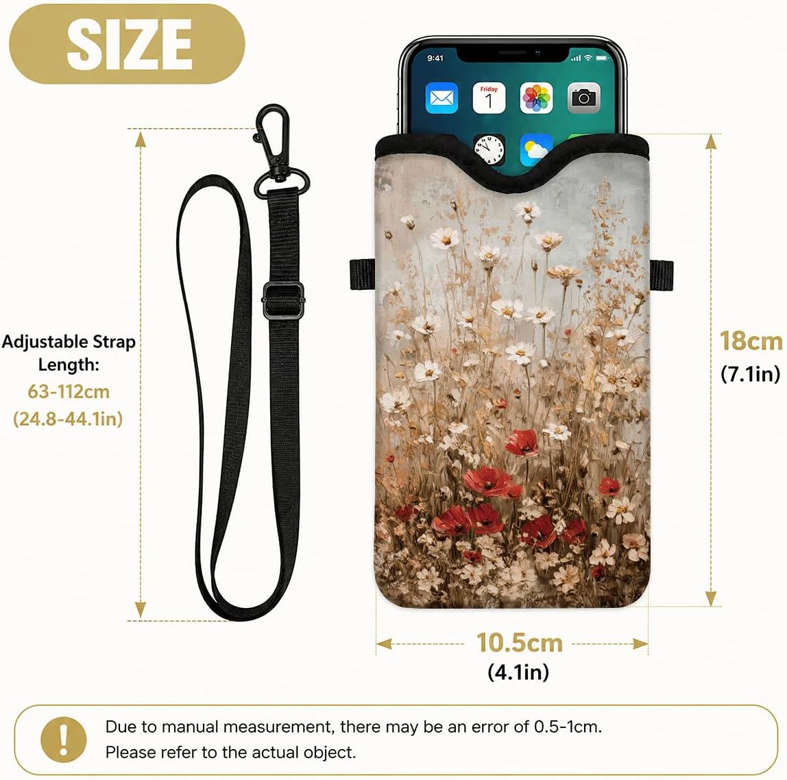 Neoprene Phone Sleeve Pouch Case Bag for Women Men with Crossbody Strap, 7.1x3.9 in, Shockproof Black Cat Mobile Protection Case Bag with Neck Lanyard, Black Cat Garden, Gift for Cats Lovers - Colors C