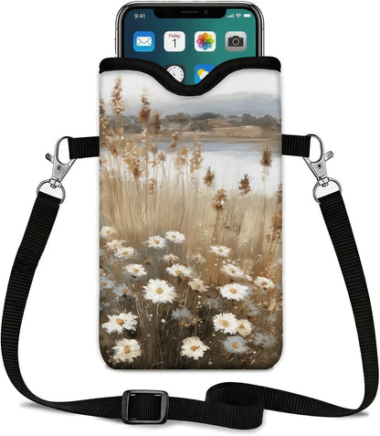 Neoprene Phone Sleeve Pouch Case Bag for Women Men with Crossbody Strap, 7.1x3.9 in, Shockproof Black Cat Mobile Protection Case Bag with Neck Lanyard, Black Cat Garden, Gift for Cats Lovers - Colors C