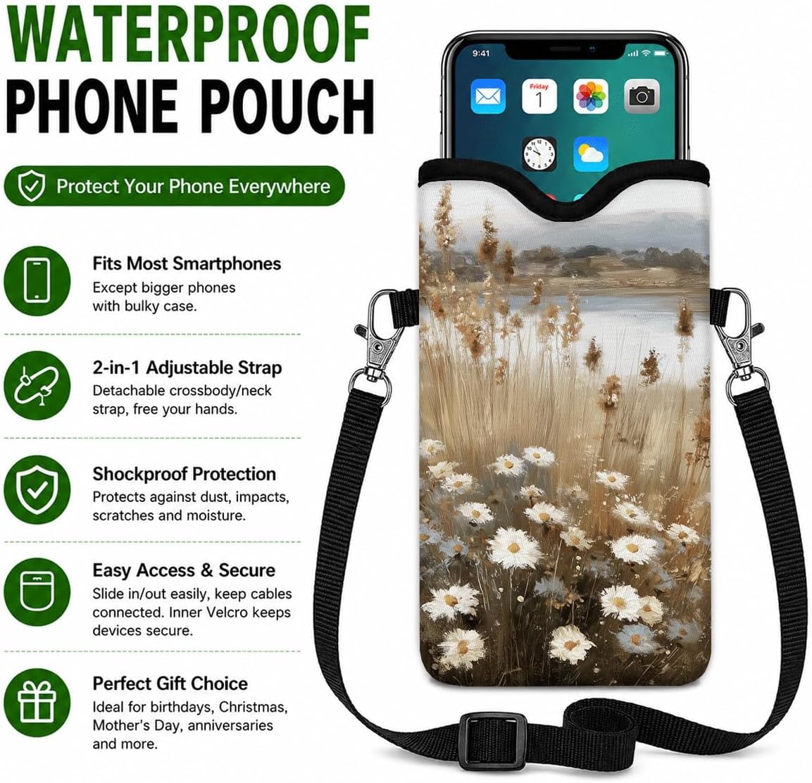 Neoprene Phone Sleeve Pouch Case Bag for Women Men with Crossbody Strap, 7.1x3.9 in, Shockproof Black Cat Mobile Protection Case Bag with Neck Lanyard, Black Cat Garden, Gift for Cats Lovers - Colors C
