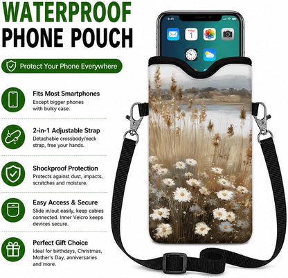 Neoprene Phone Sleeve Pouch Case Bag for Women Men with Crossbody Strap, 7.1x3.9 in, Shockproof Black Cat Mobile Protection Case Bag with Neck Lanyard, Black Cat Garden, Gift for Cats Lovers - Colors C