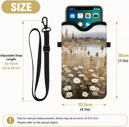 Neoprene Phone Sleeve Pouch Case Bag for Women Men with Crossbody Strap, 7.1x3.9 in, Shockproof Black Cat Mobile Protection Case Bag with Neck Lanyard, Black Cat Garden, Gift for Cats Lovers - Colors C