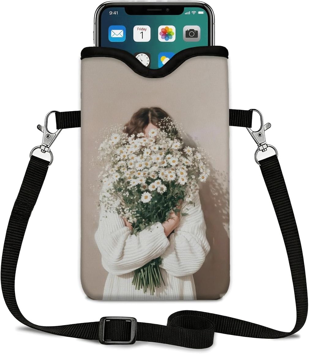 Neoprene Phone Sleeve Pouch Case Bag for Women Men with Crossbody Strap, 7.1x3.9 in, Shockproof Black Cat Mobile Protection Case Bag with Neck Lanyard, Black Cat Garden, Gift for Cats Lovers - Colors C