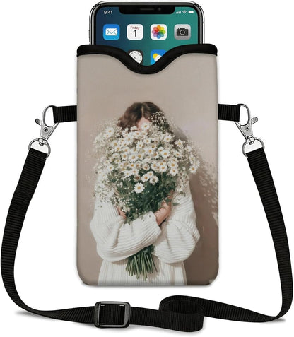 Neoprene Phone Sleeve Pouch Case Bag for Women Men with Crossbody Strap, 7.1x3.9 in, Shockproof Black Cat Mobile Protection Case Bag with Neck Lanyard, Black Cat Garden, Gift for Cats Lovers - Colors C