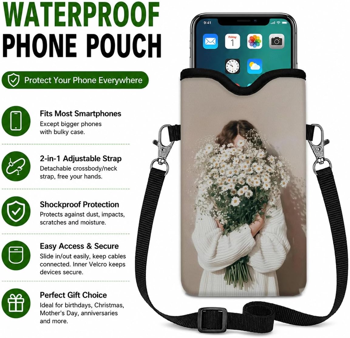 Neoprene Phone Sleeve Pouch Case Bag for Women Men with Crossbody Strap, 7.1x3.9 in, Shockproof Black Cat Mobile Protection Case Bag with Neck Lanyard, Black Cat Garden, Gift for Cats Lovers - Colors C