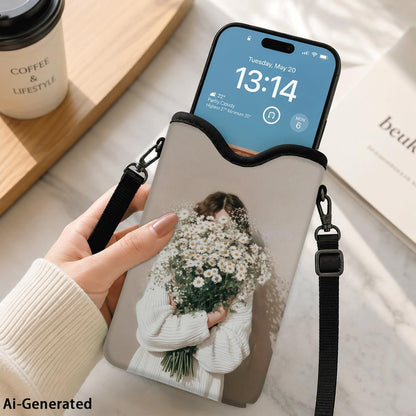 Neoprene Phone Sleeve Pouch Case Bag for Women Men with Crossbody Strap, 7.1x3.9 in, Shockproof Black Cat Mobile Protection Case Bag with Neck Lanyard, Black Cat Garden, Gift for Cats Lovers - Colors C