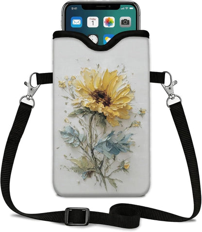 Neoprene Phone Sleeve Pouch Case Bag for Women Men with Crossbody Strap, 7.1x3.9 in, Shockproof Black Cat Mobile Protection Case Bag with Neck Lanyard, Black Cat Garden, Gift for Cats Lovers - Colors C