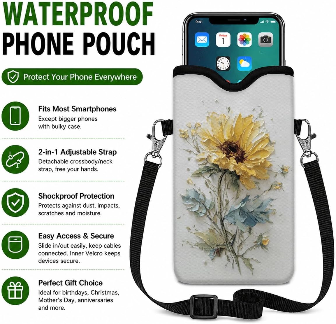 Neoprene Phone Sleeve Pouch Case Bag for Women Men with Crossbody Strap, 7.1x3.9 in, Shockproof Black Cat Mobile Protection Case Bag with Neck Lanyard, Black Cat Garden, Gift for Cats Lovers - Colors C