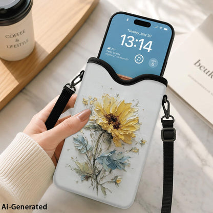 Neoprene Phone Sleeve Pouch Case Bag for Women Men with Crossbody Strap, 7.1x3.9 in, Shockproof Black Cat Mobile Protection Case Bag with Neck Lanyard, Black Cat Garden, Gift for Cats Lovers - Colors C