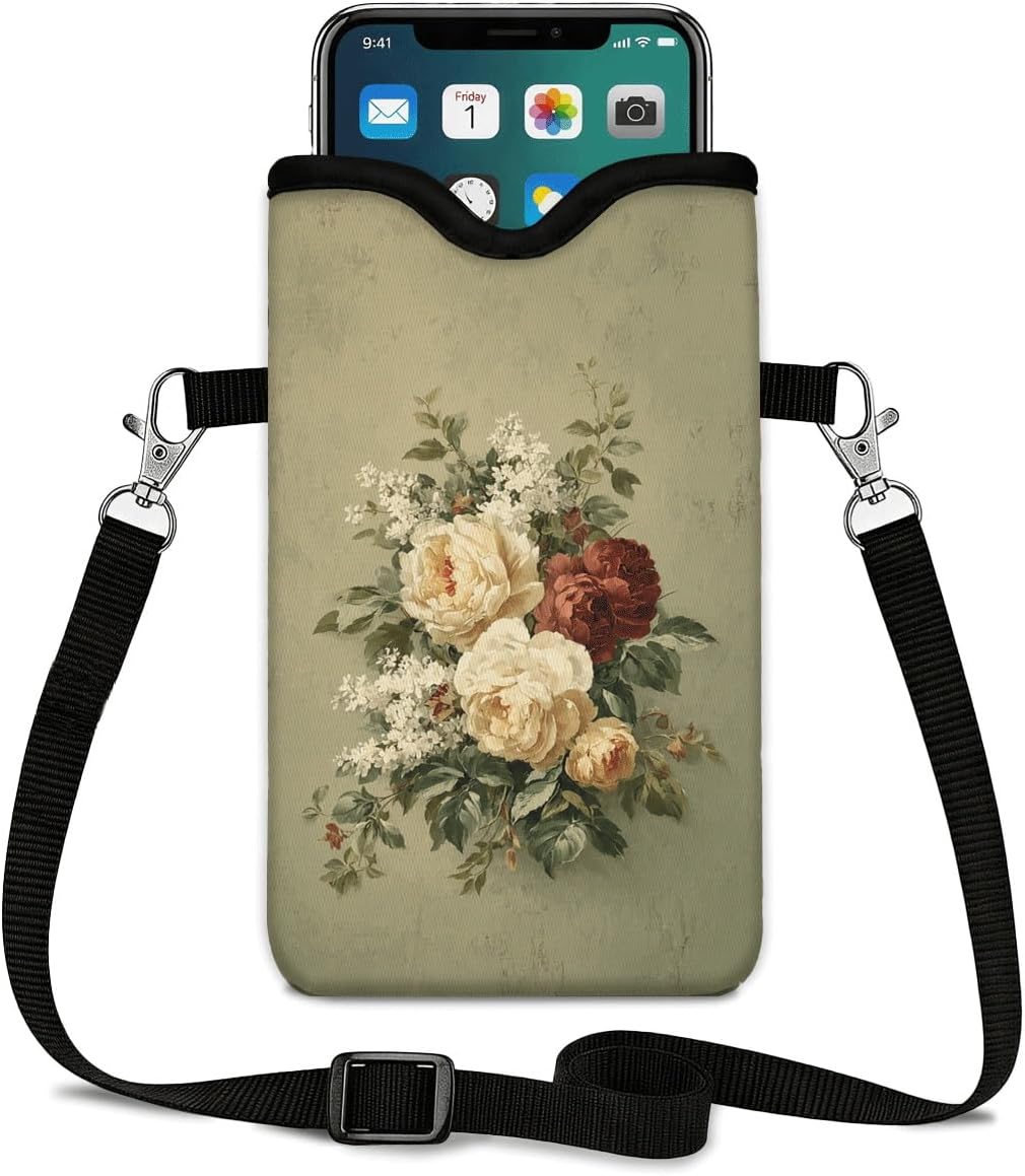 Neoprene Phone Sleeve Pouch Case Bag for Women Men with Crossbody Strap, 7.1x3.9 in, Shockproof Black Cat Mobile Protection Case Bag with Neck Lanyard, Black Cat Garden, Gift for Cats Lovers - Colors C