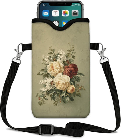 Neoprene Phone Sleeve Pouch Case Bag for Women Men with Crossbody Strap, 7.1x3.9 in, Shockproof Black Cat Mobile Protection Case Bag with Neck Lanyard, Black Cat Garden, Gift for Cats Lovers - Colors C