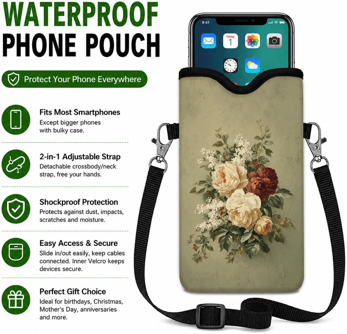 Neoprene Phone Sleeve Pouch Case Bag for Women Men with Crossbody Strap, 7.1x3.9 in, Shockproof Black Cat Mobile Protection Case Bag with Neck Lanyard, Black Cat Garden, Gift for Cats Lovers - Colors C