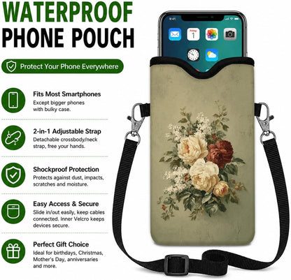 Neoprene Phone Sleeve Pouch Case Bag for Women Men with Crossbody Strap, 7.1x3.9 in, Shockproof Black Cat Mobile Protection Case Bag with Neck Lanyard, Black Cat Garden, Gift for Cats Lovers - Colors C