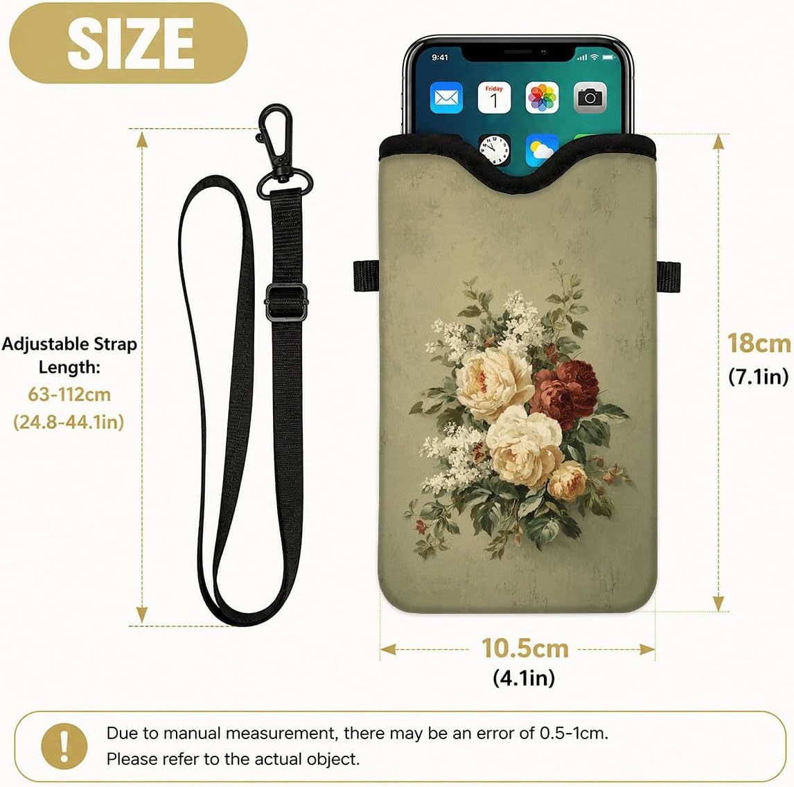 Neoprene Phone Sleeve Pouch Case Bag for Women Men with Crossbody Strap, 7.1x3.9 in, Shockproof Black Cat Mobile Protection Case Bag with Neck Lanyard, Black Cat Garden, Gift for Cats Lovers - Colors C