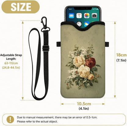 Neoprene Phone Sleeve Pouch Case Bag for Women Men with Crossbody Strap, 7.1x3.9 in, Shockproof Black Cat Mobile Protection Case Bag with Neck Lanyard, Black Cat Garden, Gift for Cats Lovers - Colors C