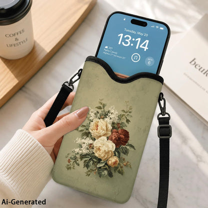 Neoprene Phone Sleeve Pouch Case Bag for Women Men with Crossbody Strap, 7.1x3.9 in, Shockproof Black Cat Mobile Protection Case Bag with Neck Lanyard, Black Cat Garden, Gift for Cats Lovers - Colors C